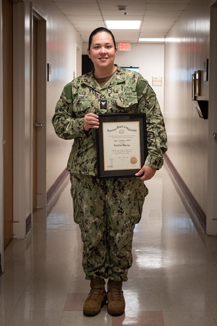 Hospital Corpsman Second Class Rylie Maloney is the first military applicant to receive an Optician’s License from the state of North Carolina after passing the American Board of Opticianry exam in early summer, 2024.  
Maloney, a native of Soddy Daisy, Texas, serves aboard Naval Health Clinic Cherry Point as the Optometry Leading Petty Officer, responsible for the day-to-day operations of the facility’s Optometry Clinic serving Active-Duty Marines and Sailors assigned to the base, their families and beneficiaries in the surrounding communities.