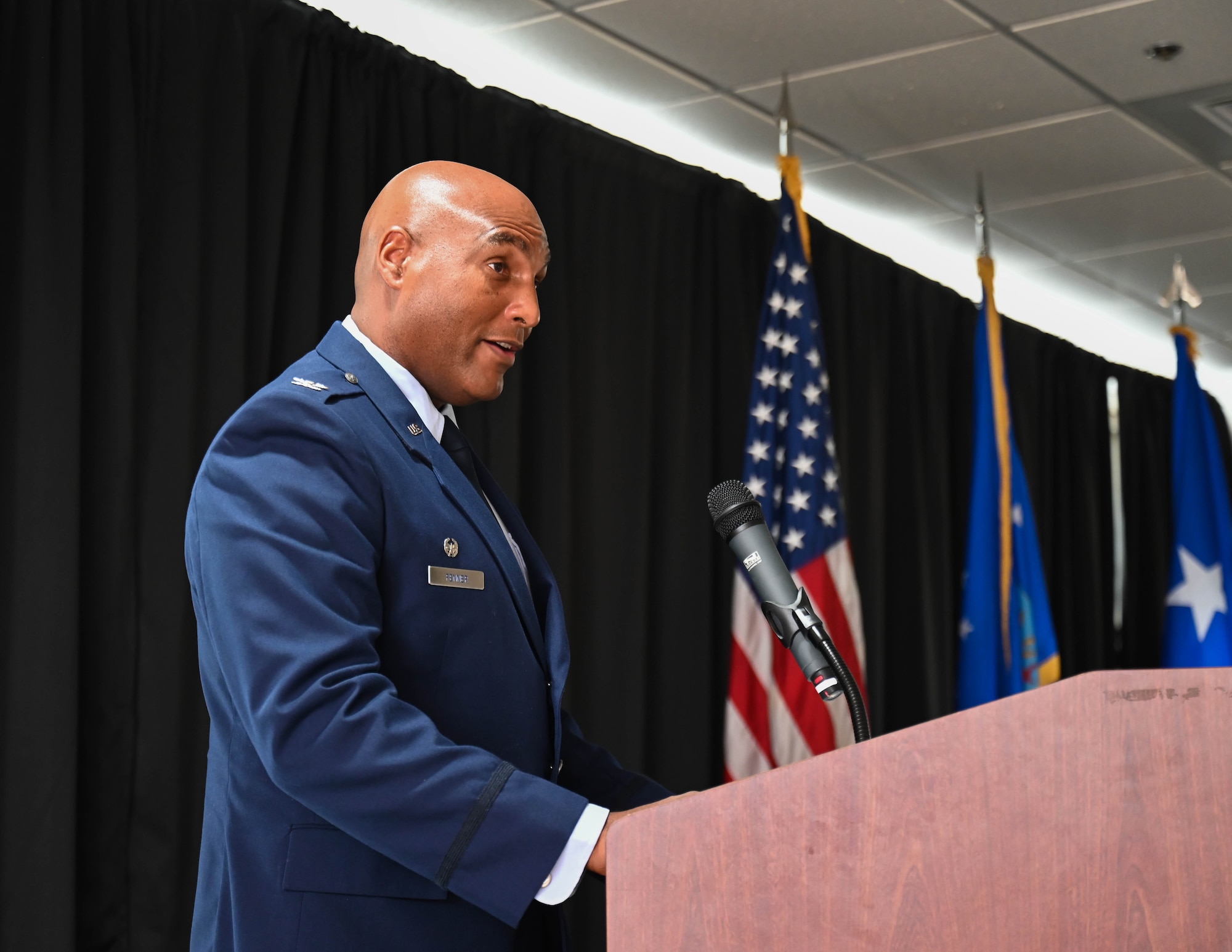 U.S. Air Force Col. Larry Fenner Jr., 350th Spectrum Warfare Wing commander, gives his opening remarks after taking command at Eglin Air Force Base, Florida, July 9, 2024. The change of command ceremony was the third change of command for the wing since it activated in 2021 to modernize and consolidate the Air Force’s electromagnetic warfare capabilities. (U.S. Air Force photo by Senior Airman Anna Smith)