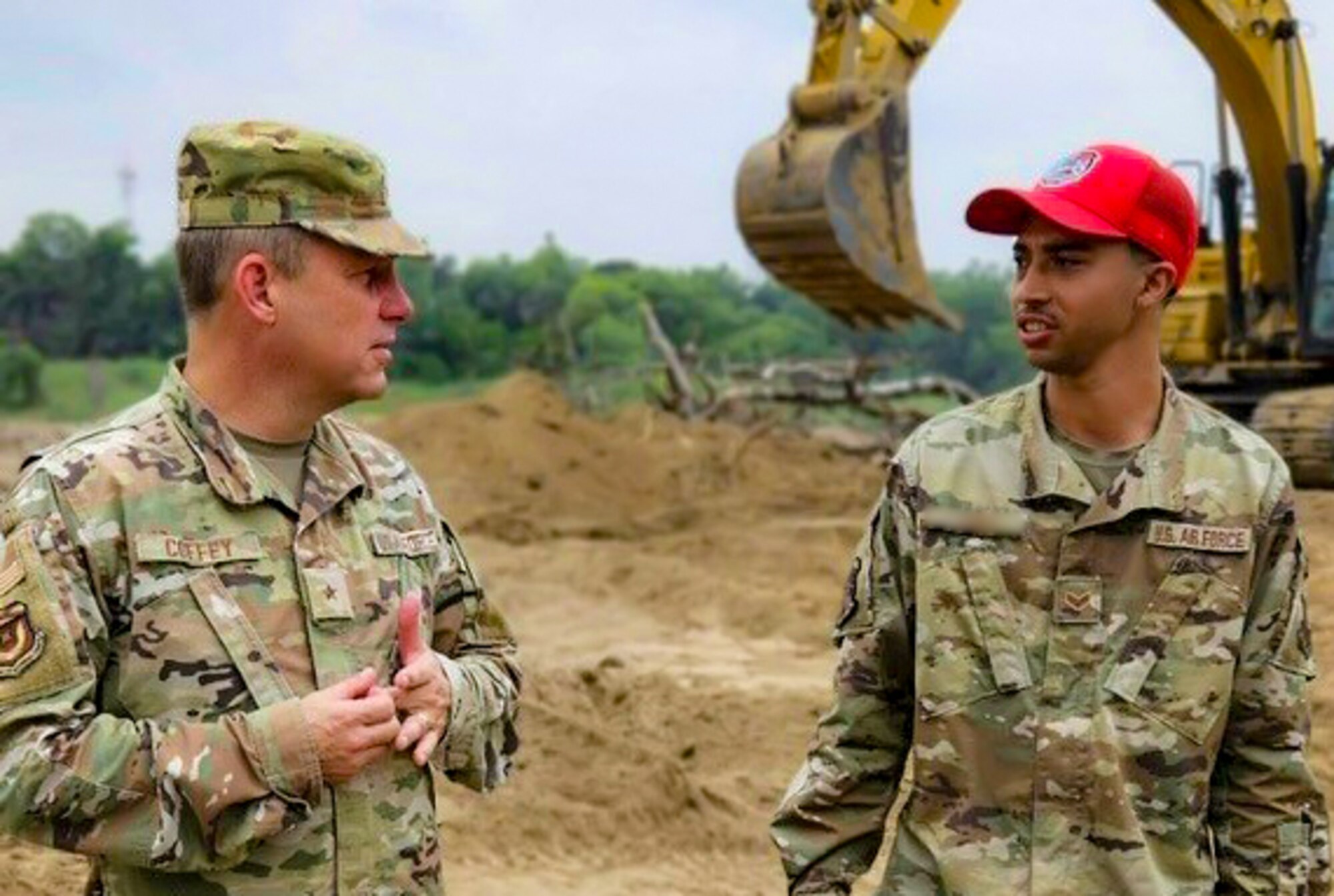 U.S. Airmen assigned to the 202nd RED HORSE Squadron construct a water outlet spanning approximately 1.5 miles on Fronton Island, Texas, in support of Operation Lone Star, April 29 - May 31. Their goal was to aid Texas in reducing illegal drug and immigration trafficking by restricting the movement of known cartel groups in one of the most contested and dangerous areas on the U.S.-Mexico border. (Courtesy photo) (This image was edited to exclude a member's name due to operational security considerations.)