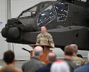 Col. Kevin J. Consedine addresses guests after accepting command of the Corpus Christi Army Depot from Colonel Kyle M. Hogan during a ceremony held July 3, 2024.