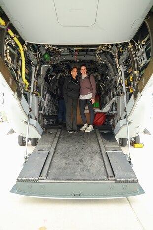 Grace Collins, left, and Kathryn Camp, Houston, Texas-area educators, pose for a photo inside of an MV-22 Osprey during Educator's Workshop at Marine Corps Air Station Miramar, Calif., May 30, 2023. Educator's Workshop is a four-day program, held annually, designed to inform high school and college educators about the commitment and benefits of service in the U.S. Marine Corps. Attendees then return to their place of business with the ability to provide firsthand experience and knowledge to individuals interested in military service. (U.S. Marine Corps photo by Sgt. Ryan H. Pulliam)