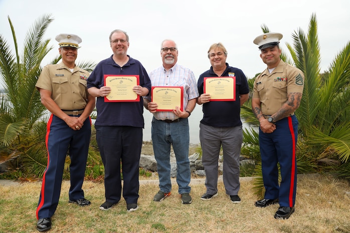 From left, U.S. Marine Corps Lt. Col. Daniel Sanchez, executive officer of 8th Marine Corps District; Rodney Pannell, Ganter Garland, Bob Dauherty, Houston, Texas-area educators; and Staff Sgt. Joshua Roun, a recruiter with Recruiting Sub Station Baybrook, Recruiting Station Houston; pose for a photo during Educator's Workshop at Marine Corps Recruit Depot San Diego, Calif., May 31, 2023. Educator's Workshop is a four-day program, held annually, designed to inform high school and college educators about the commitment and benefits of service in the U.S. Marine Corps. Attendees then return to their place of business with the ability to provide firsthand experience and knowledge to individuals interested in military service. (U.S. Marine Corps photo by Sgt. Ryan H. Pulliam)