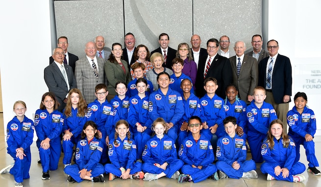 Members of the Air, Space, and Missile Defense Association pose with the 20 recipients of the 2024 ASMDA Space Camp scholarship at the U.S. Space and Rocket Center in Huntsville, Alabama, July 3. The students, recipients of the scholarship, spent June 30-July 5 at Space Camp at the U.S. Space and Rocket Center in Huntsville. (U.S. Army photo by Jason B. Cutshaw)