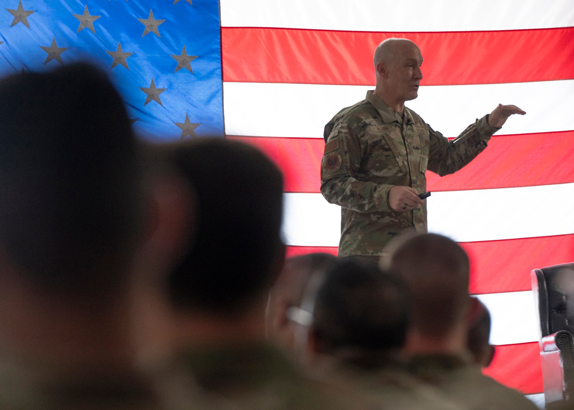 Air Force Chief of Staff Gen. David Allvin speaks to Airmen during an all-call at Davis-Monthan Air Force
Base, Ariz., July 9, 2024. During the all-call, Allvin spoke about the future of Davis-Monthan and how it is building high-end readiness by being one of the first installations to introduce the Air Task Force model. (U.S. Air Force photo by Airman 1st Class William Finn V)