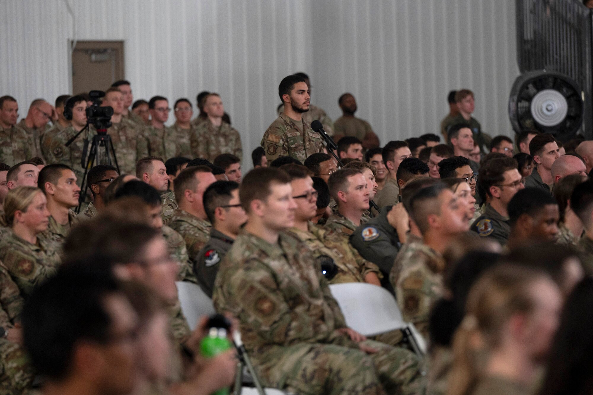 355th Wing Airmen attend an all-call led by Air Force Chief of Staff Gen. David Allvin and Chief Master Sergeant of the Air Force David Flosi at Davis-Monthan Air Force Base, Ariz., July 9, 2024. During a visit to the installation, Allvin and Flosi engaged with 355th Wing leaders, discussed Air Force priorities with Airmen and thanked the team for their dedication to the mission. (U.S. Air Force photo by Airman 1st
Class William Finn V)