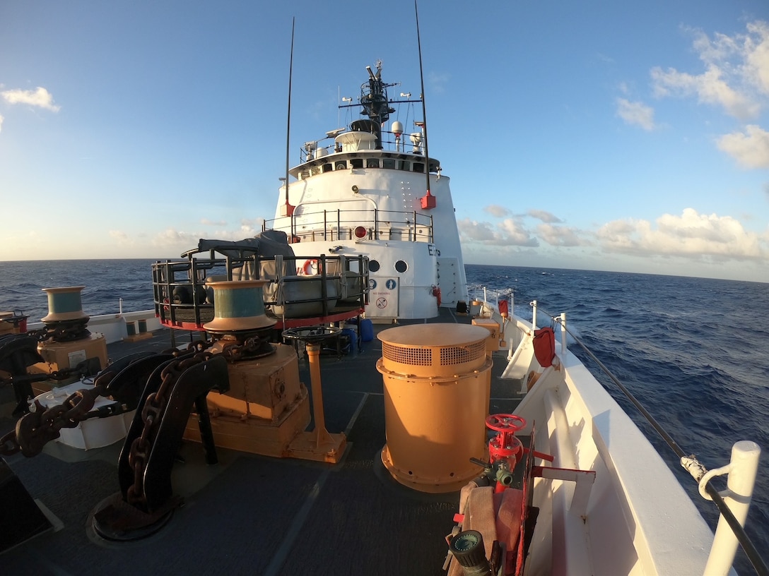 The U.S. Coast Guard Cutter Resolute (WMEC 620) travels towards the Panama Canal, Dec. 1, 2023, in the Atlantic Ocean