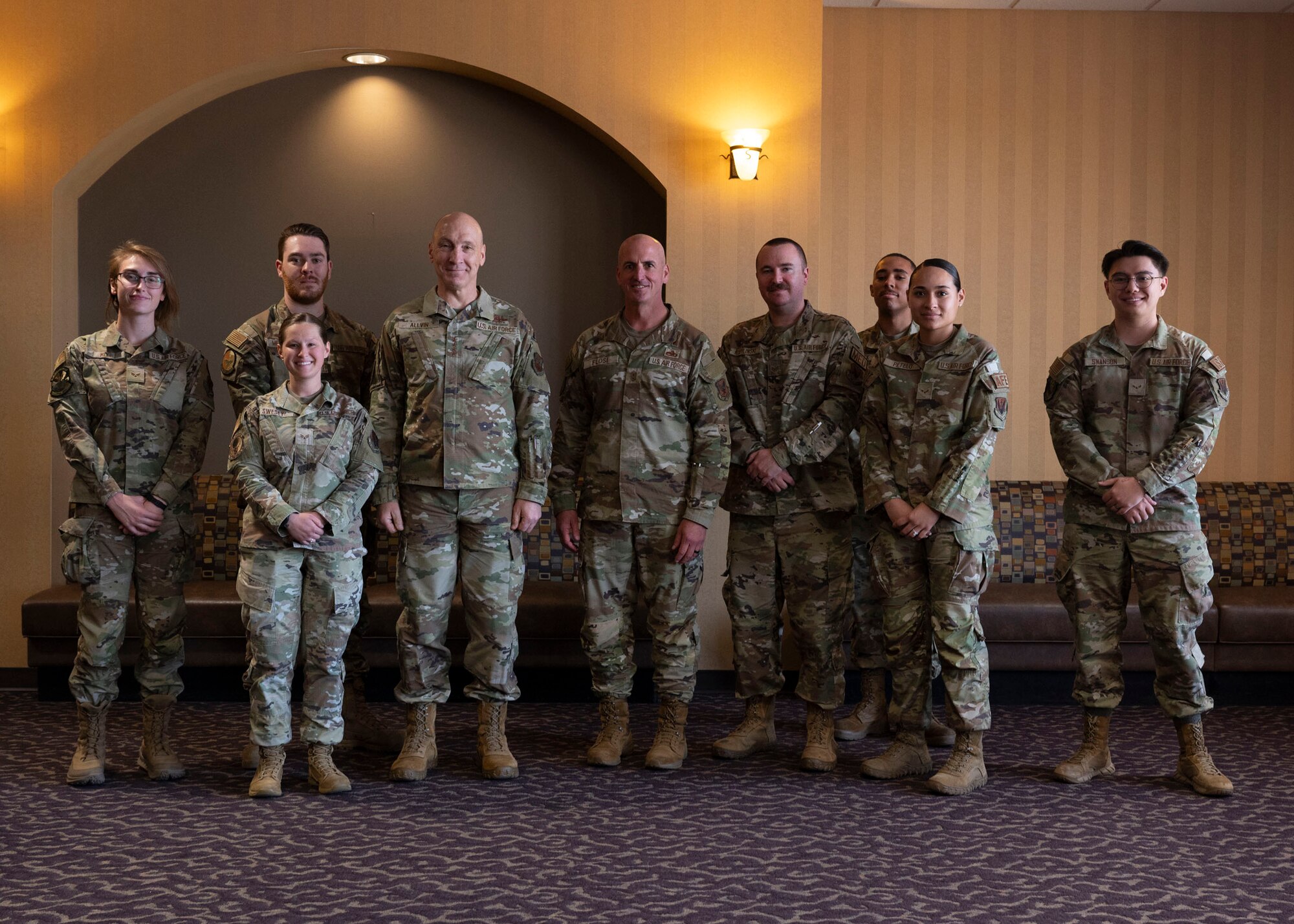 Air Force Chief of Staff Gen. David Allvin and Chief Master Sergeant of the Air Force David
Flosi pose for a group photo with Airmen at Davis-Monthan Air Force Base, Ariz., July 9, 2024.
During their visit Allvin and Flosi engaged with 355th Wing Airmen, discussed Air Force
priorities with them and thanked the team for their dedication to the mission. (U.S. Air Force
photo by Airman 1st Class William Finn V)