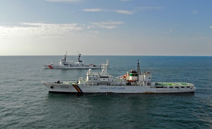 Crews from the U.S. Coast Guard Cutter Boutwell train with the Korean coast guard in 2007.