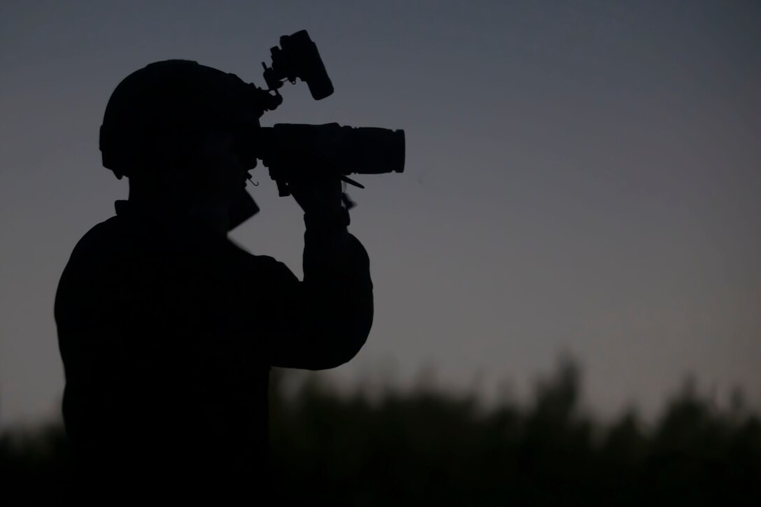 A U.S. Marine with 2d Marine Division surveys the area during the infantry skills test exercise as part of the Division Leader Assessment Program on Fort Walker, Virginia, June 21, 2024. This program was designed to prepare division leaders for command opportunities through various physical and mental challenges. (U.S. Marine Corps photo by Lance Cpl. Alexander Peterson)