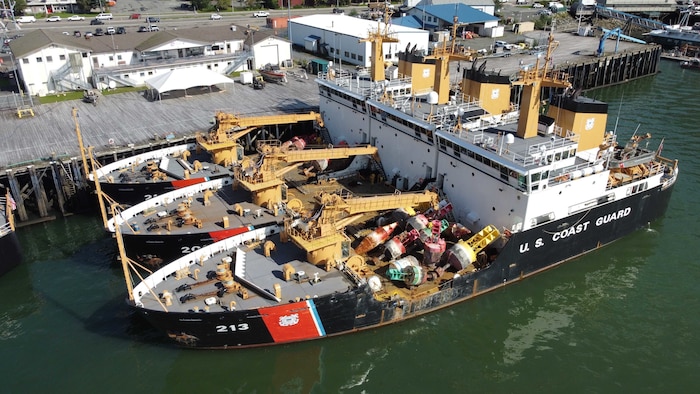 Coast Guard Cutters Kukui, Cypress, Fir, Anthony Petit, and Elm moored in Juneau Alaska for the annual Buoy Tender Round-up,  August 18, 2022.