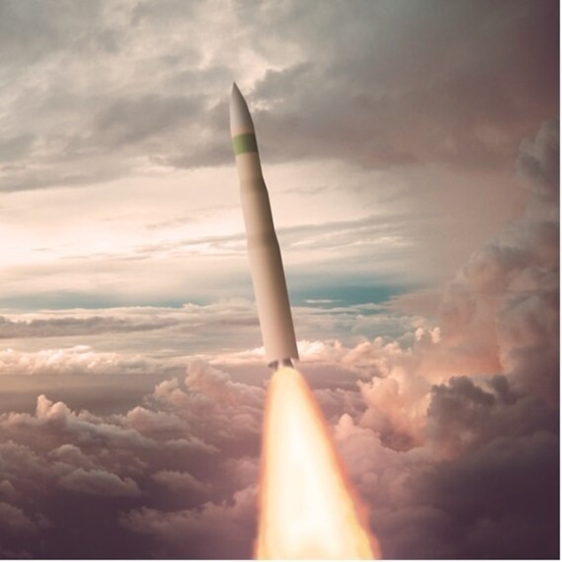A missile flies though the air.