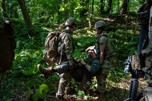 Exercise participants evacuate a simulated wounded U.S. Marine Corps ordnance disposal technician during Exercise Tanuki Bandit 24 at Draughn Range near Misawa Air Base, Japan, June 27, 2024.