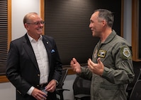 U.S. Air Force Col. Jesse Lamarand, 5th Bomb Wing commander (right), speaks to Thomas Summers, Defense Nuclear Facilities Safety Board (DNFSB) vice chairman, during a base visit at Minot Air Force Base, North Dakota, June 10, 2024. The visit provided an opportunity for Summers and other DNFSB members to gain a deeper understanding of Team Minot’s nuclear deterrence mission. (U.S. Air Force photo by Senior Airman Kyle Wilson)