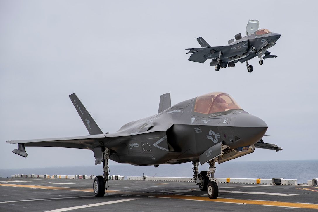U.S. Marine Corps F-35B Lightning II aircraft attached to Marine Fighter Attack Squadron (VMFA) 225, 15th Marine Expeditionary Unit, land aboard the amphibious assault ship USS Boxer (LHD 4) in the Pacific Ocean, July 7, 2024. Elements of the 15th MEU are currently embarked aboard the Boxer Amphibious Ready Group conducting routine operations in U.S. 3rd Fleet. (U.S. Marine Corps photo by Cpl. Amelia Kang)