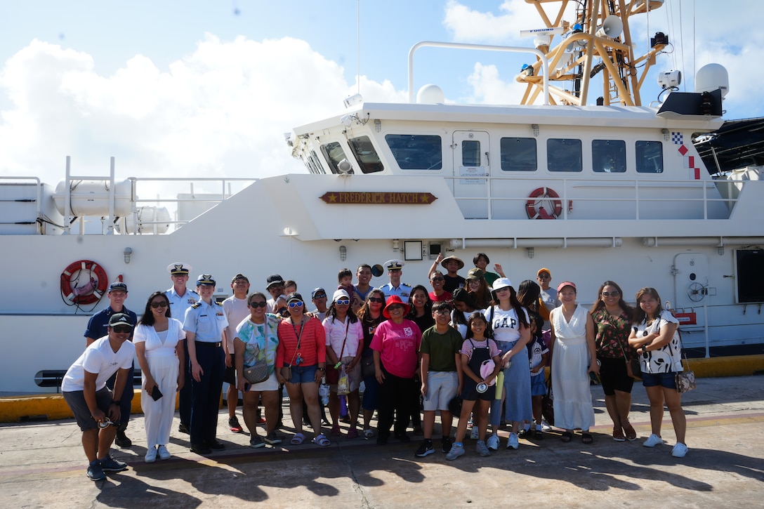 The USCGC Frederick Hatch crew welcome Saipan families for a tour on June 15, 2024, while on patrol in the Western Pacific Ocean. The Frederick Hatch crew completed a highly operational patrol period from May 21 to July 1, 2024, demonstrating exceptional versatility and collaboration in maritime security and community engagement across the Pacific region. (U.S. Coast Guard photo)