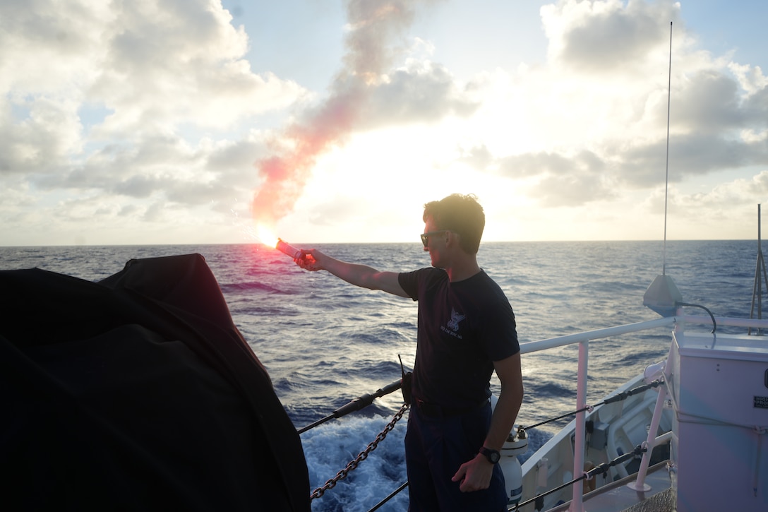 The USCGC Frederick Hatch crew conduct flare training in May and June 2024 while on patrol in the Western Pacific Ocean. The Frederick Hatch crew completed a highly operational patrol period from June 17, 2024, demonstrating exceptional versatility and collaboration in maritime security and community engagement across the Pacific region. (U.S. Coast Guard photo by Lt. Mary Sim)