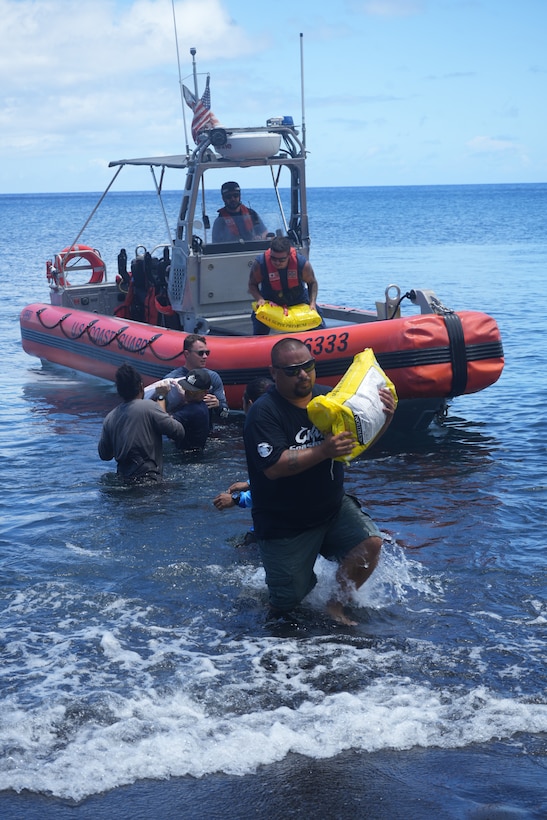 The USCGC Frederick Hatch crew deliver supplies to Agrihan in the Northern Mariana Islands on June 19, 2024, while on patrol in the Western Pacific Ocean. The Frederick Hatch crew completed a highly operational patrol period from May 21 to July 1, 2024, demonstrating exceptional versatility and collaboration in maritime security and community engagement across the Pacific region. (U.S. Coast Guard photo)