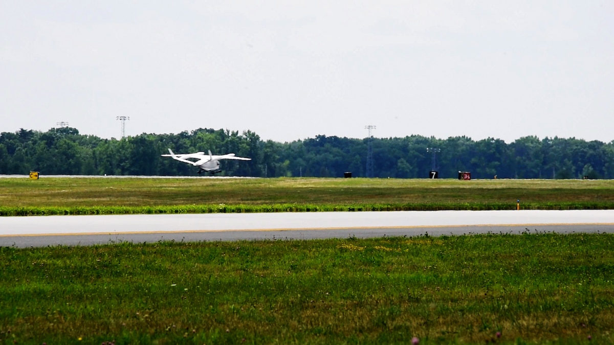 BETA Technologies’ prototype, ALIA CTOL, a battery-powered fixed-wing aircraft, takes off at Joint Base McGuire-Dix-Lakehurst, N.J., July 9, 2024. A team from the 305th Maintenance Squadron’s Precision Measurement Equipment Laboratory loaded the aircraft with 222 pounds of cargo for delivery to Dover Air Force Base, Del. BETA partnered with AFWERX Agility Prime to test the capabilities of moving cargo between bases in a safer, cleaner, and more cost-effective way. (U.S. Air Force photo by Master Sgt. Joseph Vigil)