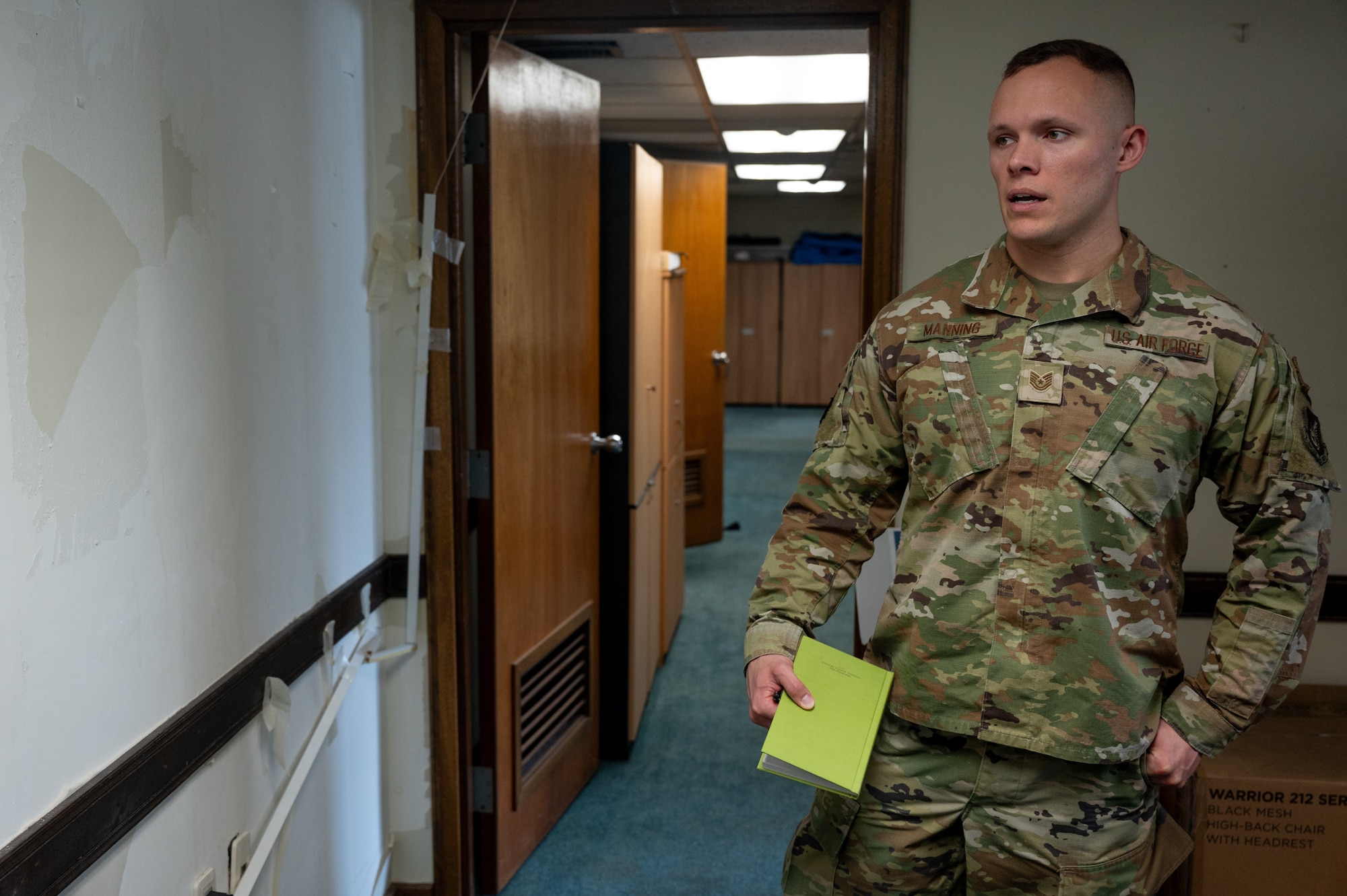 U.S. Air Force Tech. Sgt. Justin Manning, 51st Fighter Wing Safety Office noncommissioned officer in charge of occupational safety, inspects paint damages during an inspection of the U.S. Air Force Audit Agency at Osan Air Base, Republic of Korea, April 9, 2024. The occupational safety division oversees operational, industrial, occupational, sports and recreation and traffic safety to prevent mishaps and keep the Osan AB operational. (U.S. Air Force photo by Airman 1st Class Chase Verzaal)
