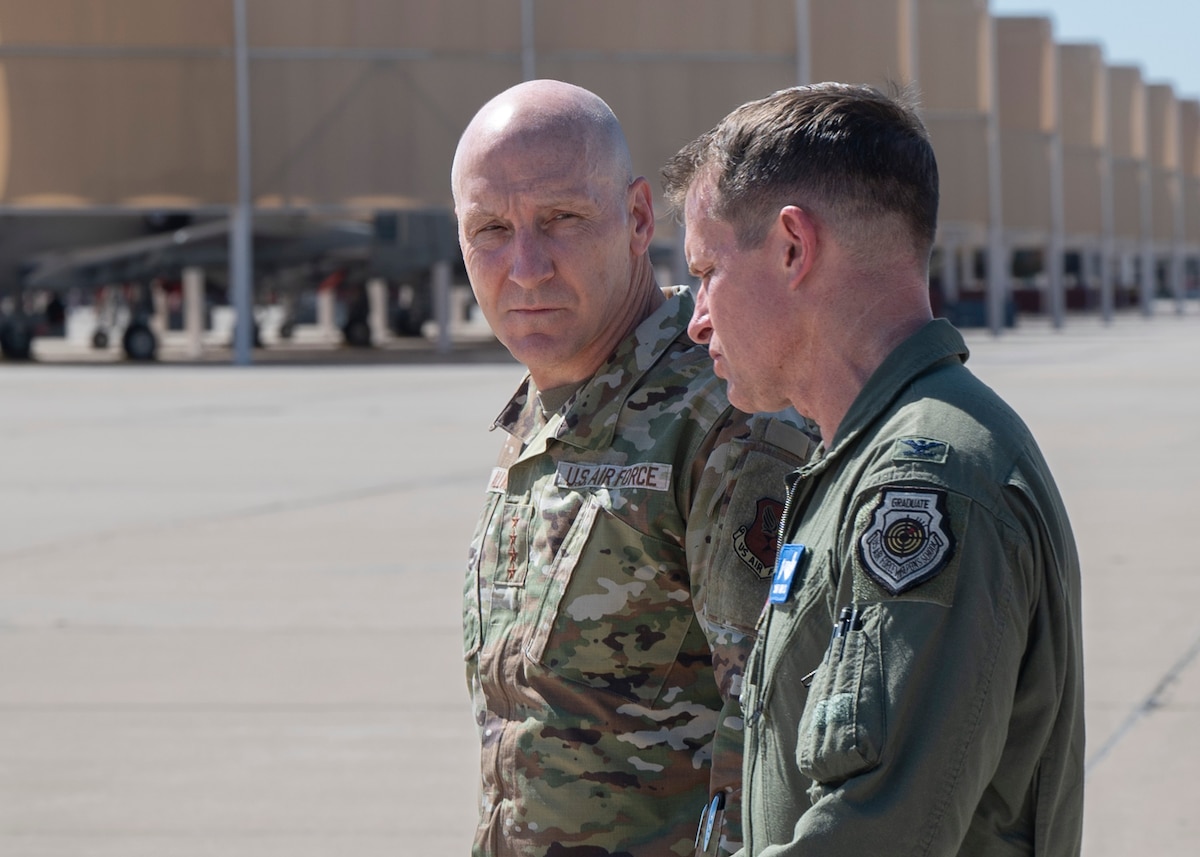 Air Force Chief of Staff Gen. David Allvin walks on the flightline with Col. Scott Mills, 355th Wing
commander, at Davis-Monthan Air Force Base, Ariz., July 8, 2024. Allvin serves as the senior uniformed Air Force officer responsible for the organization, training and equipping of 689,000 active-duty, Guard, Reserve and civilian forces serving in the United States and overseas. (U.S. Air Force photo by Airman 1st Class William Finn V)