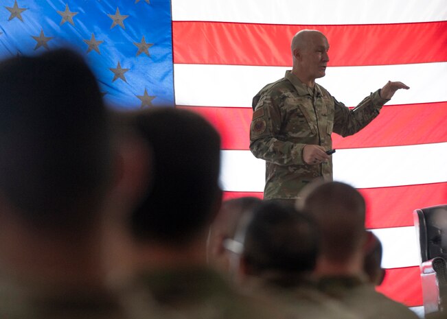 Air Force Chief of Staff Gen. David Allvin speaks to Airmen during an all-call at Davis-Monthan Air Force
Base, Ariz., July 9, 2024. During the all-call, Allvin spoke about the future of Davis-Monthan and how it is building high-end readiness by being one of the first installations to introduce the Air Task Force model. (U.S. Air Force photo by Airman 1st Class William Finn V)