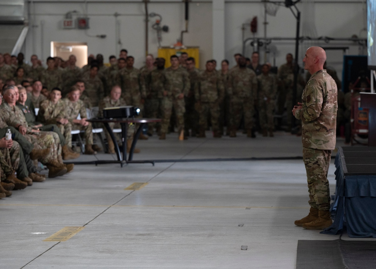 Chief Master Sergeant of the Air Force David Flosi speaks with Airmen during an all-call at Davis-
Monthan Air Force Base, Ariz., July 9, 2024. Flosi addressed the importance of readiness, power
projection, developing people and developing capabilities during an era of Great Power Competition. (U.S. Air Force photo by Airman 1st Class William Finn V)