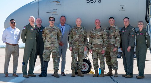 Air Force Chief of Staff Gen. David Allvin and Chief Master Sergeant of the Air Force David Flosi pose for a group photo with Airmen in front of an EA-37B Compass Call aircraft at Davis-Monthan Air Force Base, Ariz., July 8, 2024. Allvin and Flosi met with 55th Electronic Combat Group leadership and were briefed about their mission and the capabilities of the new EA-37B aircraft. (U.S. Air Force photo by Airman 1st Class William Finn V)