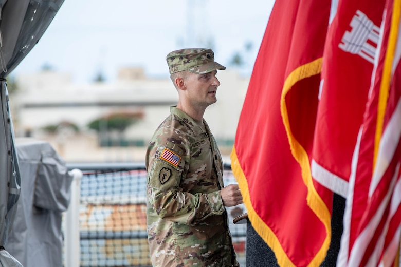 Lt. Col. Adrian Biggerstaff, District Commander for the U.S. Army Corps of Engineers Honolulu District, gives remarks following his assumption of command at a July 10 ceremony aboard the Battleship Missouri Memorial.