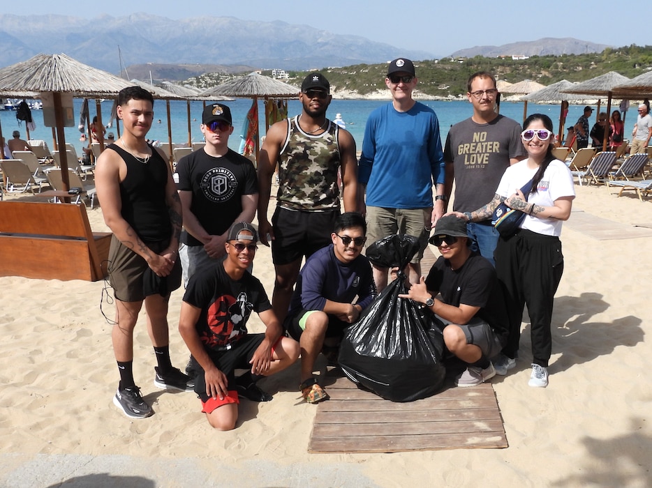 Sailors assigned to the Arleigh Burke-class guided-missile destroyer USS Gravely (DDG 107) participate in a beach clean-up at Marathi Beach in Chania, Crete, Greece, during a scheduled port visit on June 25, 2024.