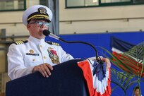 Capt. Kenneth S. Pickard, the commanding officer of Commander, Task Force 63/Military Sealift Command Europe and Africa, gives remarks during change of command ceremony, July 10, 2024.