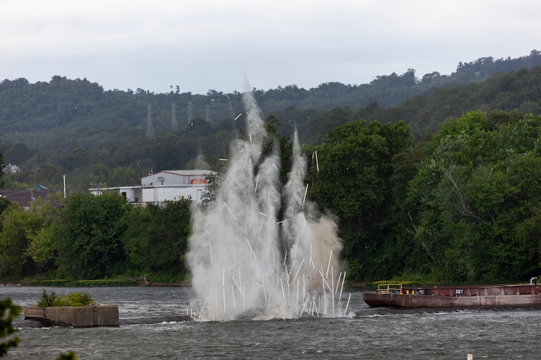 The U.S. Army Corps of Engineers Pittsburgh District uses explosives to breach the fixed-crest dam at Monongahela River Locks and Dam 3 near Elizabeth, Pennsylvania, July 10, 2024.