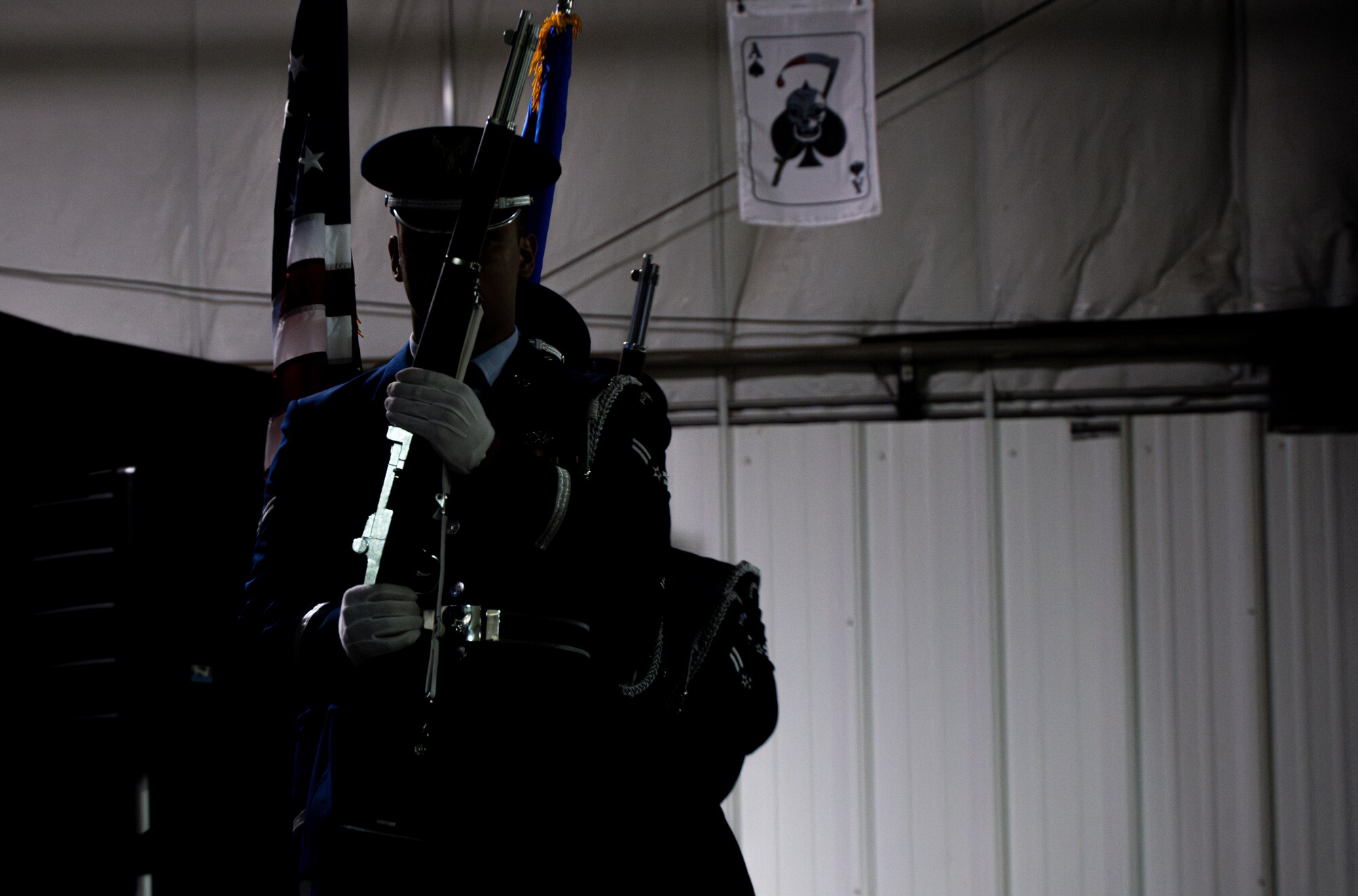 U.S. Airmen assigned to the Minot Air Force Base Honor Guard present the colors at the 91st Operations Group assumption of command ceremony at Minot Air Force Base, North Dakota, July 10, 2024. The U.S. Air Force Honor Guard’s vision is to promote the Air Force mission, preserve their heritage and protect their standards and image. (U.S. Air Force photo by Airman 1st Class Alyssa Bankston)