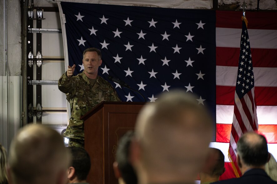 U.S. Air Force Col. James Schlabach, 91st Missile Wing (MW) commander, speaks during the 91st Operations Group (OG) assumption of command ceremony at Minot Air Force Base, North Dakota, July 10, 2024. The 91st MW consists of the 91st OG, 91st Maintenance Group and 91st Security Forces Group. Together they defend the nation with a combat-ready nuclear force. (U.S. Air Force photo by Airman 1st Class Alyssa Bankston)