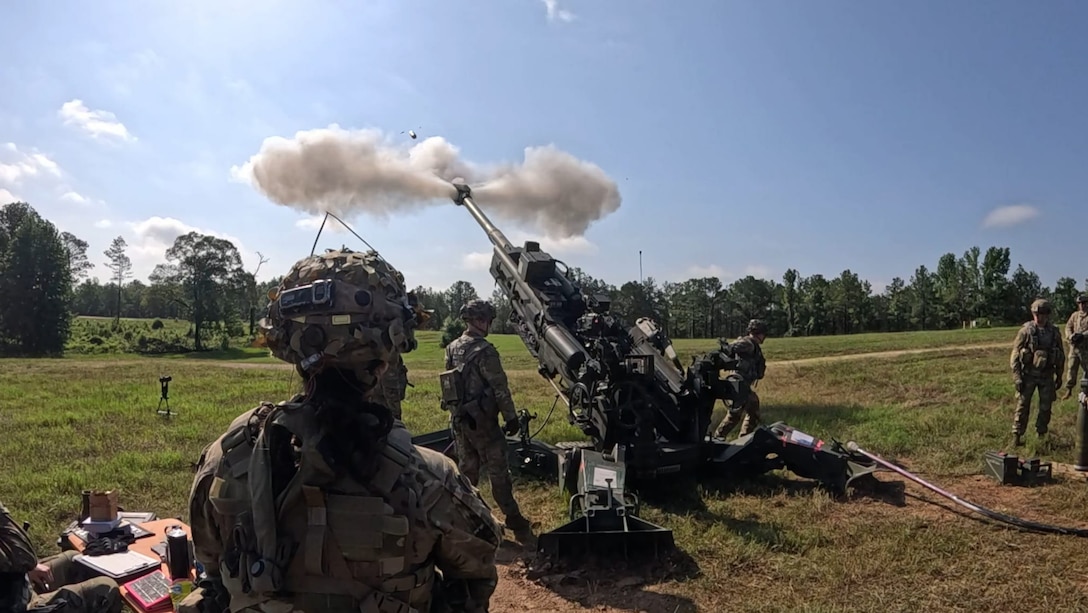 Members of the Wisconsin Army National Guard’s 1st Battalion, 120th Field Artillery Regiment — part of the 32nd Infantry Brigade Combat Team — conduct a fire mission on an M777 155-mm howitzer as part of a live fire exercise June 6 during a rotation at the Joint Readiness Training Center, Fort Johnson, La. The Red Arrow led more than 5,000 Soldiers from across the United States and Canada in simulated large-scale combat operations. This realistic training builds readiness for overseas deployments and prepares Soldiers to survive the rigors of war. Joint Readiness Training Center Operations Group photo