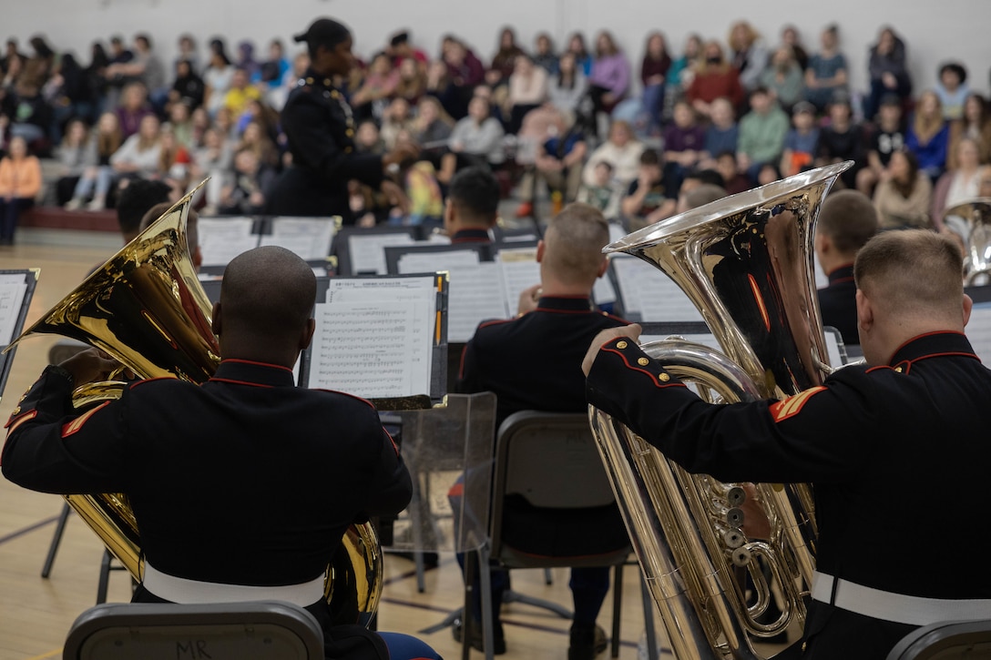 U.S. Marines with the Parris Island Marine Band, Headquarters and Service Battalion, Marine Corps Recruit Depot Parris Island, perform in Littleton NH, on Mar. 13, 2024. While touring the 1st Marine Corps District, students from Littleton schools had the opportunity to hear The Parris Island Marine Band’s Wind Ensemble, Brass Quintet, Jazz Combo and Brass Band; students were able to ask questions about the Marine Corps and Musician Enlistment Option Program (MEOP).  (U.S. Marine Corps photos by Cpl. Zachary Foshee)