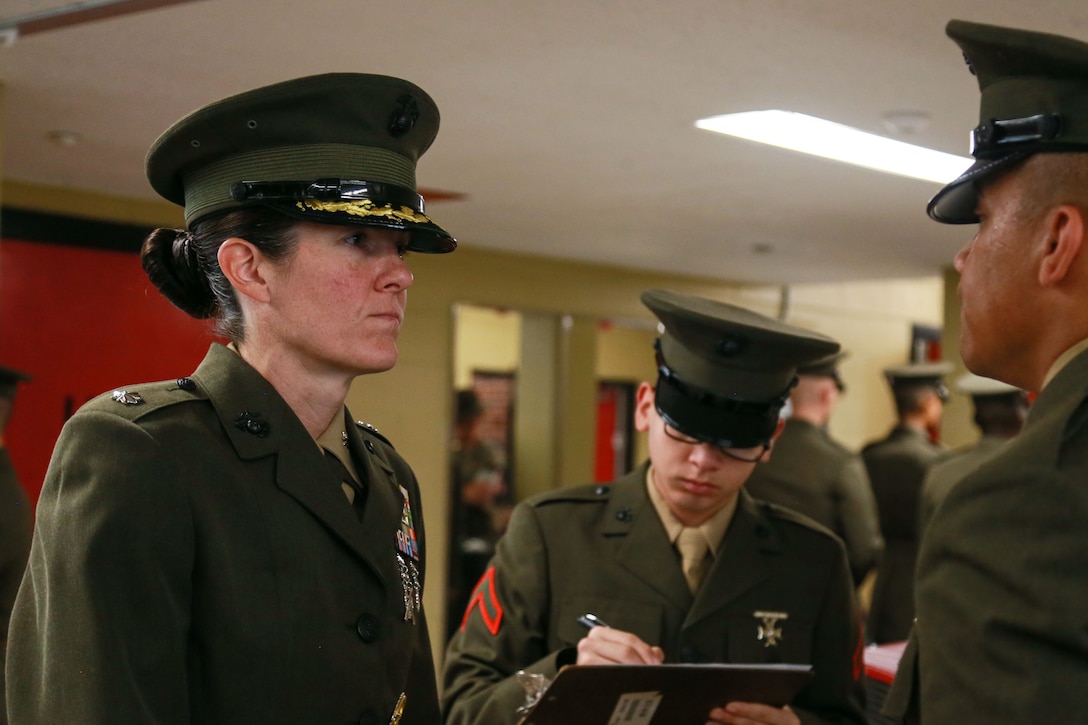 New Marines with Bravo Company, 1st Recruit Training Battalion, are received by Lt. Col. Kimberly R. Sile, the commanding officer of 1st RTBN, during the Battalion Commander Inspection on Marine Corps Recruit Depot Parris Island, S.C., May 24, 2024. 

Throughout the inspection, the Marines are evaluated on the cleanliness of their rifles, knowledge of the uniform standards, discipline, bearing, and general knowledge taught throughout training.

(U.S. Marine Corps photo by Cpl. Jacqueline Akamelu)