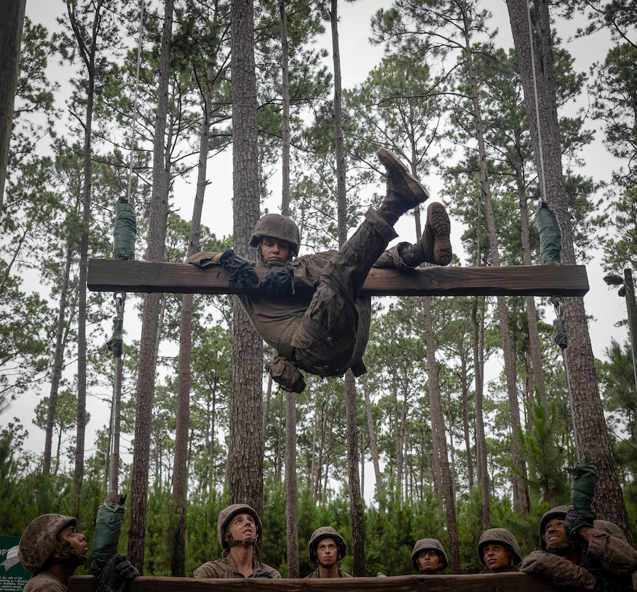 Recruits with India Company, 3rd Recruit Training Battalion, complete the Crucible on Marine Corps Recruit Depot Parris Island, S.C., July 2, 2024. The Crucible is a 54-hour culminating event in which the previous 11 weeks of training are put to the test. (U.S. Marine Corps photo by Lance Cpl. Ayden Cassano)
