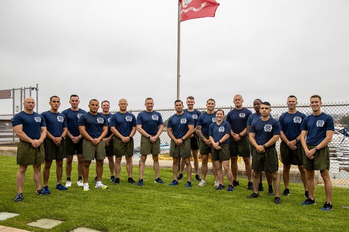 U.S. Marines with 3rd Recruit Training Battalion, pose for a group photo at the marina on Marine Corps Recruit Depot San Diego, July 1, 2024. The staff of 3rd Recruit Training Battalion conducted a kayak team-building event as part of sergeant major's battalion physical training to foster unit cohesion between the officers and enlisted Marines. (U.S. Marine Corps photo by Lance Cpl. Eric Valerio)