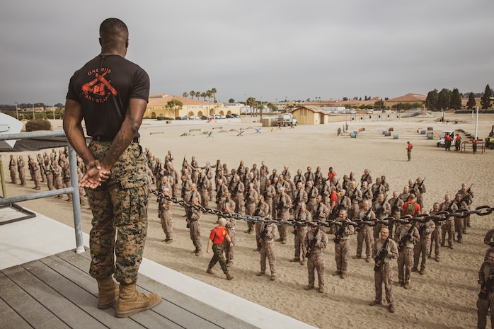 U.S. Marine Corps Martial Arts Instructor, Staff Sgt. Simon Williams, with Support Battalion, Recruit Training Regiment, instructs recruits with Charlie Company, 1st Recruit Training Battalion, on how to properly execute Marine Corps Martial Arts Program bayonet techniques at Marine Corps Recruit Depot San Diego, California, July 3, 2024. Bayonet techniques tie into MCMAP that aims to strengthen the mental and moral resiliency of individual recruits and Marines through realistic combative training, warrior ethos studies, and physical hardening. (U.S. Marine Corps photo by Cpl. Sarah M. Grawcock)