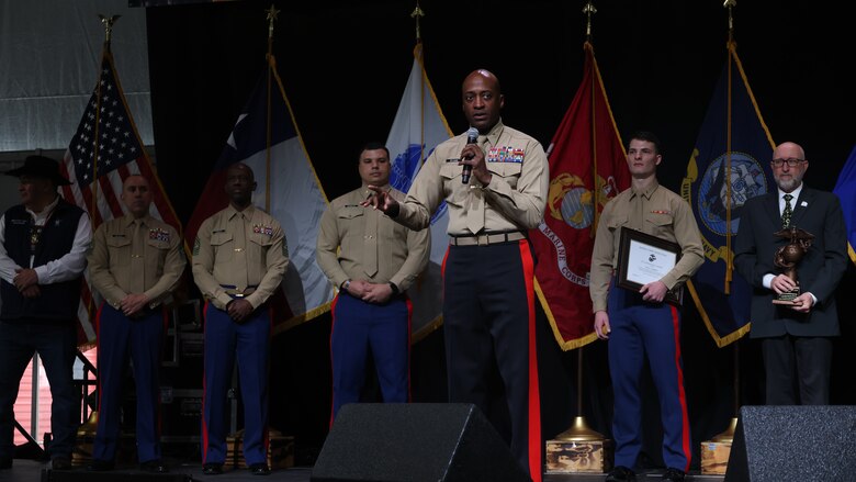 U.S. Marine Corps Big. Gen James A. Ryans II, the Commanding General for Marine Corps Recruit Depot (MCRD) San Diego and the Western Recruiting Region (WRR), gives a speech during the Armed Forces Appreciation Night at the Houston Rodeo NRG Stadium, March 4, 2024. The event, held annually to honor and recognize the dedication and sacrifices of military personnel, witnessed a remarkable moment with General Ryans’ presence among the esteemed guests. (U.S. Marine Corps photo by Sgt. Menelik Collins)