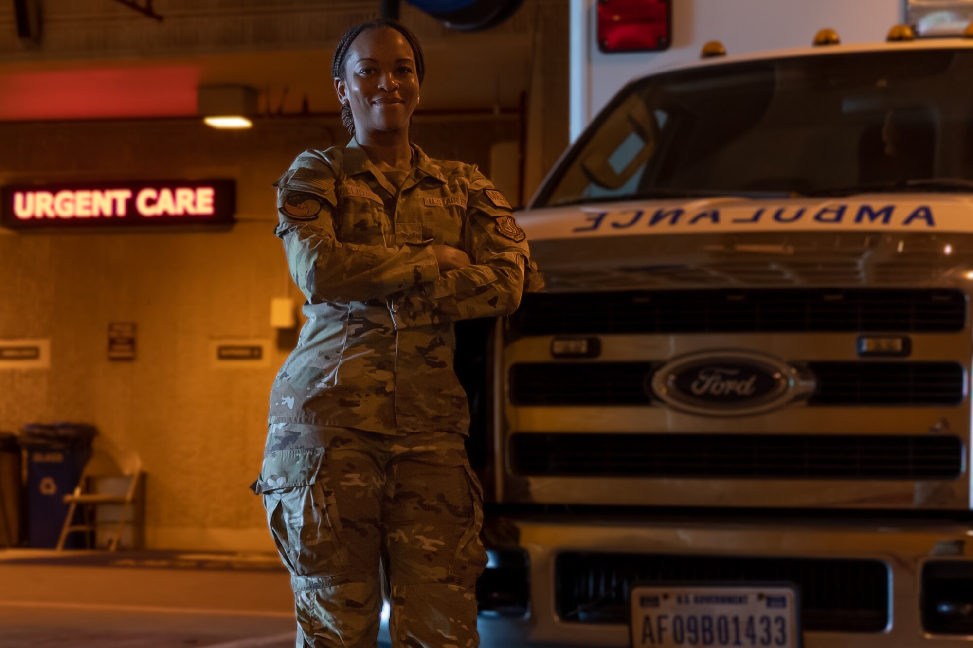 U.S. Air Force Senior Airman LaQuita Holliday, 51st Healthcare Operations Squadron urgent care medical technician, poses for a photo at Osan Air Base, Republic of Korea, July 8, 2024. Holliday earned the title Mustang of the Week for her efforts in providing medical support and care to 51st Fighter Wing personnel, their dependents and civilians. She ensures members assigned to the 51st FW are fit to fight, and their families are taken care of. (U.S. Air Force photo by Senior Airman Brittany Russell)