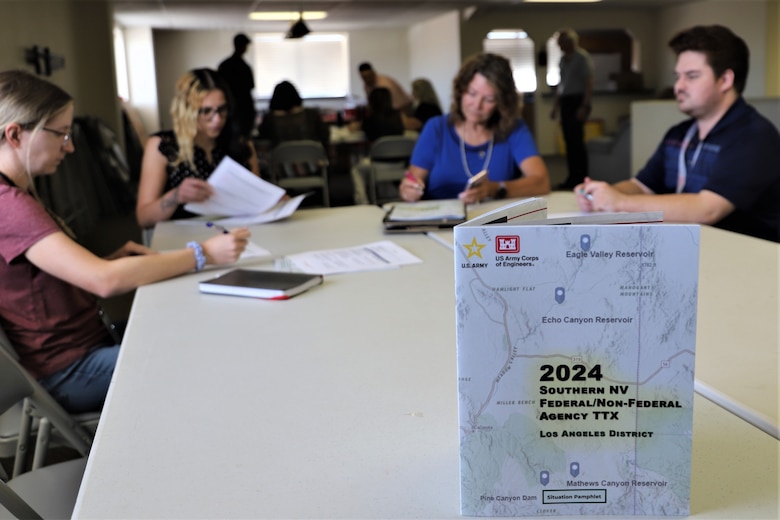 The Los Angeles District Emergency Management conducted an emergency tabletop training exercise, or TTX, June 25 at Panaca Fire Station in Lincoln County, Nevada. During the TTX, several small groups reviewed and practiced specific functions relevant to their agency or organization. The TTX is designed to review, practice and assess federal and nonfederal partners’ response to catastrophic disaster scenarios in Lincoln and Clark County, Nevada.