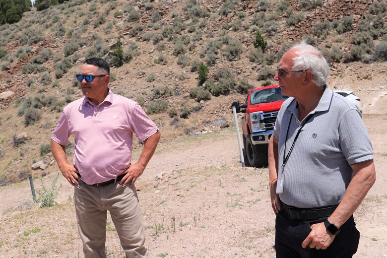 PANACA, Nev. — Los Angeles District Dam Safety Program Manager Kyle Hayworth and LA District Emergency Management Branch Chief David Kingston LA District lead a mutli-agency tour of Mathews Dam June 25 in Lincoln County, Nevada. The tour provided visual familiarization of a U.S. Army Corps of Engineers dam.