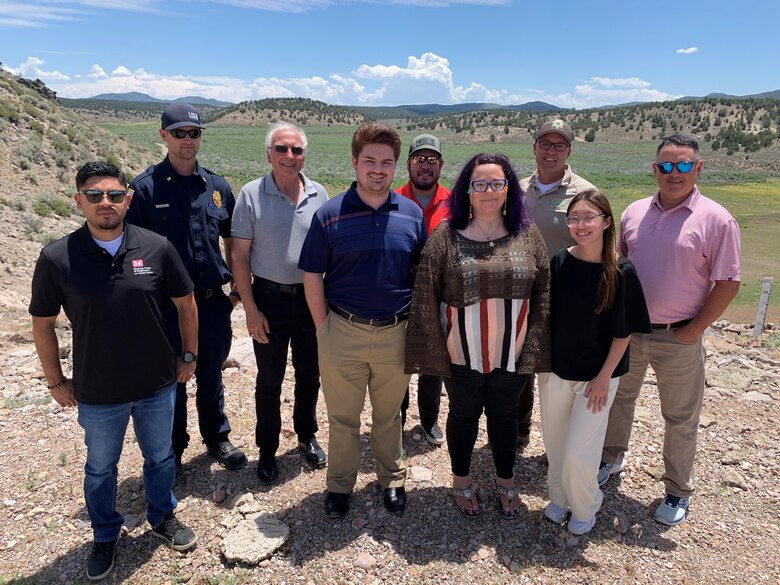 PANACA, Nev. – The U.S. Army Corps of Engineers Los Angeles District safety and emergency management experts join the Nevada State Park Rangers, the Lincoln County Fire Department, along with other federal and nonfederal agencies, to pose for a photo along the top of Matthews Canyon Dam, following an emergency training exercise June 25 in Lincoln County, Nevada. The LA District Emergency Management Team conducted the training event with the support of the Nevada Division of Emergency Management and Homeland Security and the Lincoln County commissioner.
