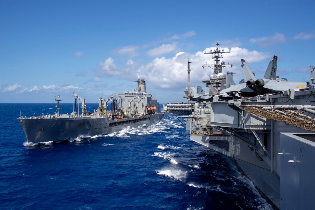 Nimitz-class aircraft carrier USS Carl Vinson (CVN 70) conducts a fueling-at-sea with Henry J. Kaiser-class underway replenishment oiler USNS Pecos (T-AO-197) during Exercise Rim of the Pacific (RIMPAC) 2024. Twenty-nine nations, 40 surface ships, three submarines, 14 national land forces, more than 150 aircraft, and 25,000 personnel are participating in RIMPAC in and around the Hawaiian Islands, June 27 to Aug. 1.