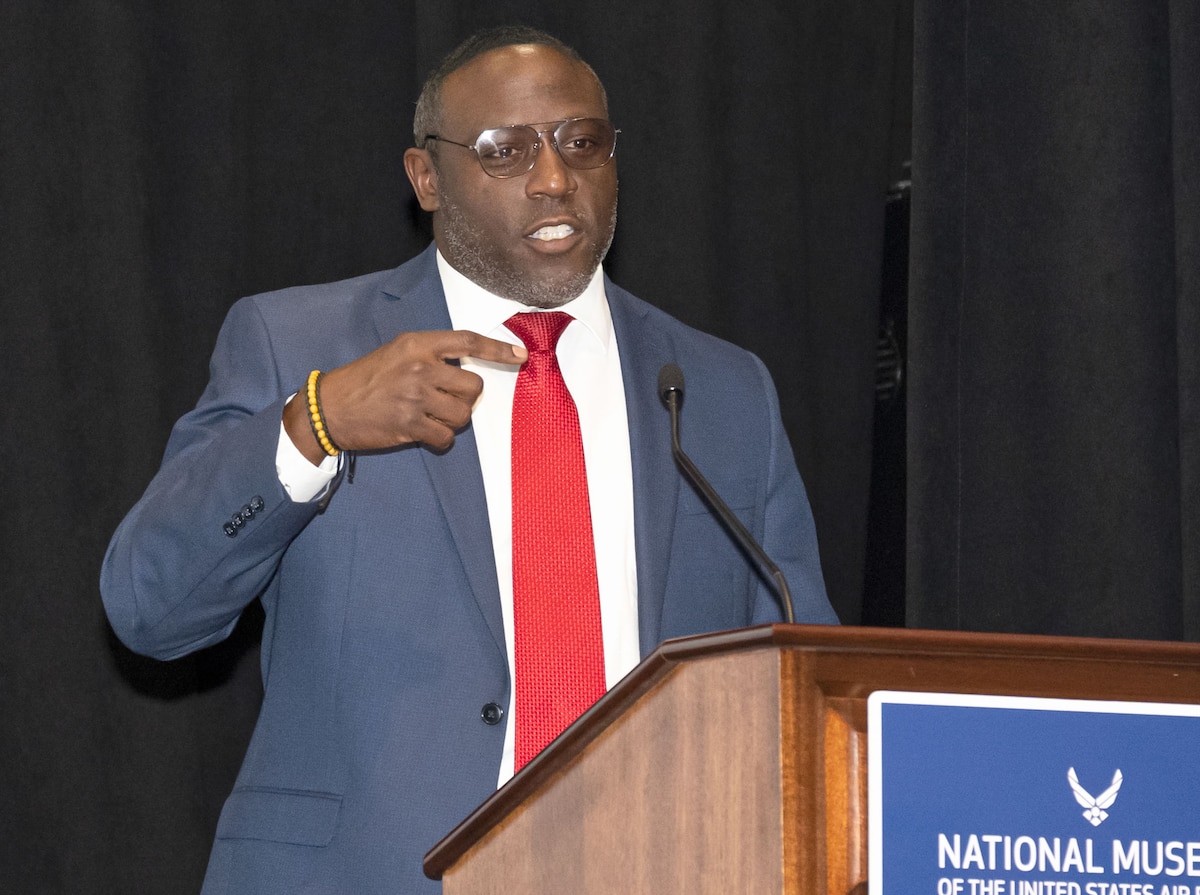 Audric Bills, 88th Force Support Squadron director, gives remarks June 27, 2024, during the LEADership Wright-Patt program event at the National Museum of the U.S. Air Force, Wright-Patterson Air Force Base, Ohio.