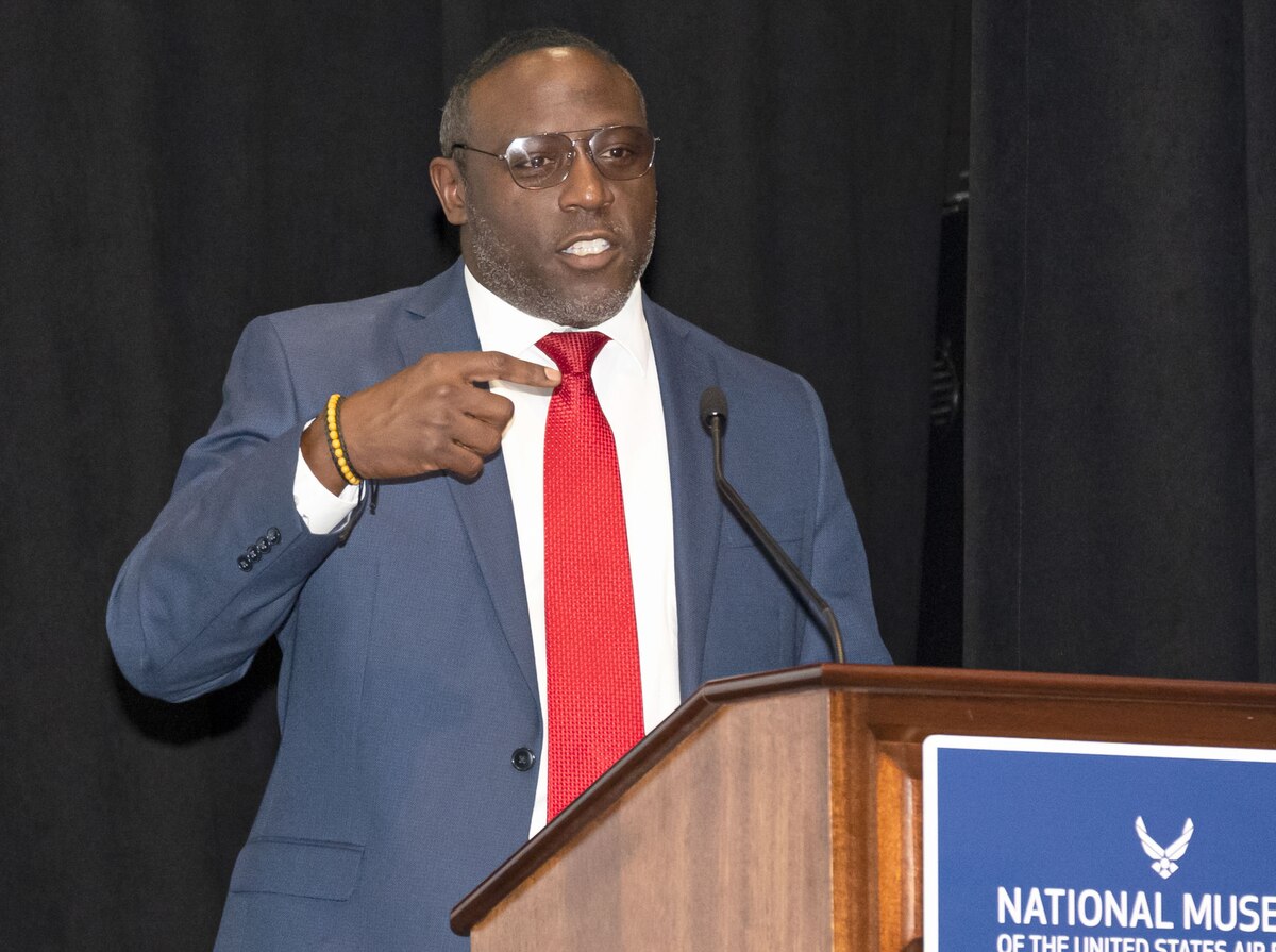 Audric Bills, 88th Force Support Squadron director, gives remarks June 27, 2024, during the LEADership Wright-Patt program event at the National Museum of the U.S. Air Force, Wright-Patterson Air Force Base, Ohio.