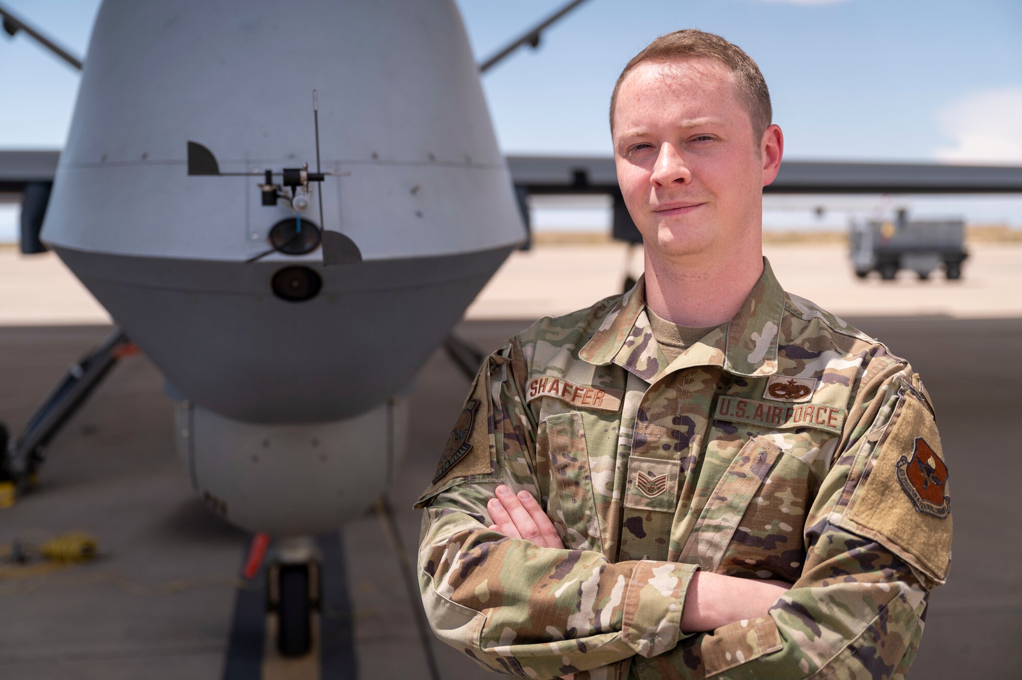 Shaffer was awarded the 2023 CMSAF Thomas N. Barnes award for his hard work and dedication, standing out amongst all crew chiefs across the Air Force. (U.S. Air Force photo by Senior Airman Nicholas Paczkowski)