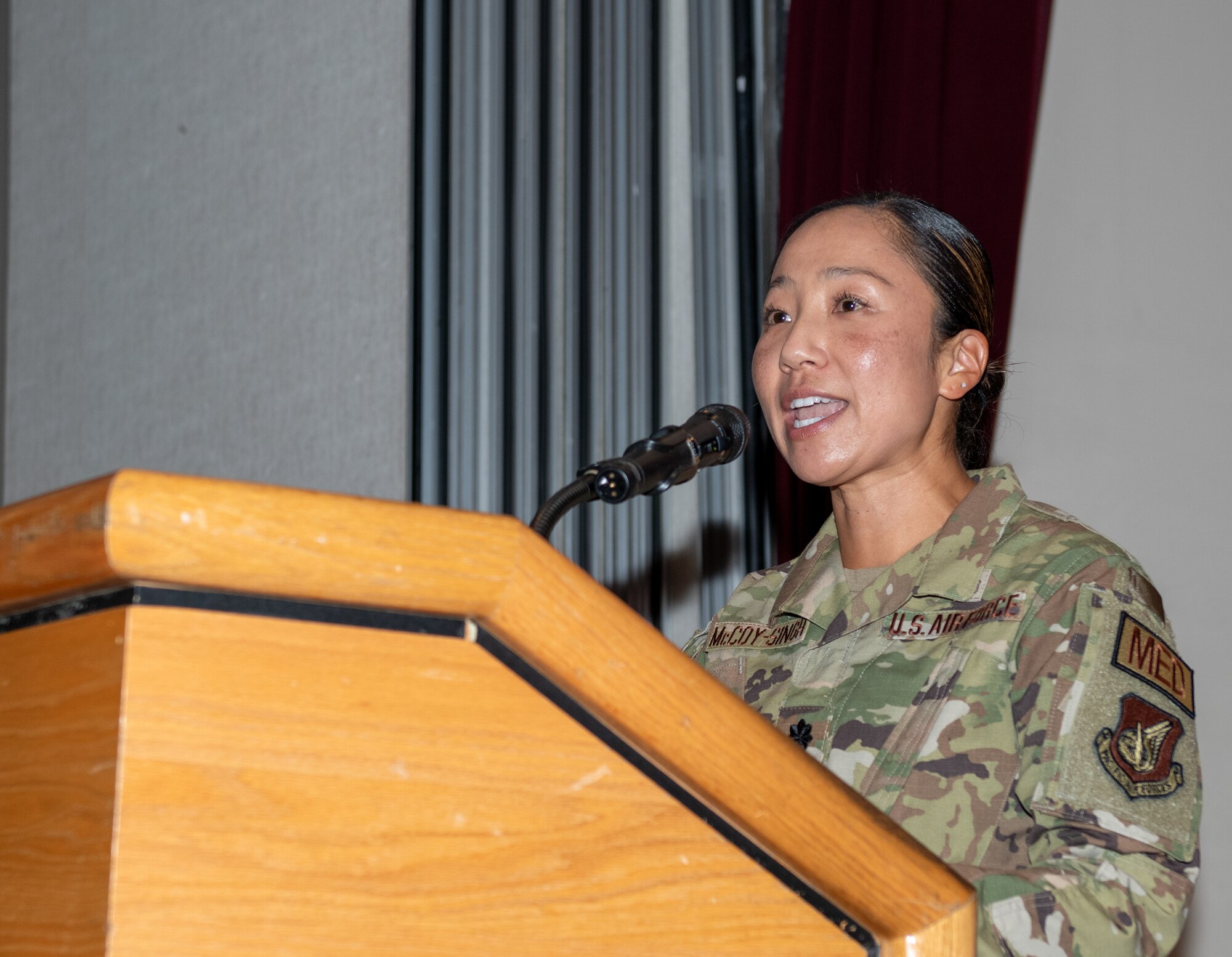 Incoming commander, Lt. Col. Kimberly McCoy-Singh, gives the first speech to her squadron.