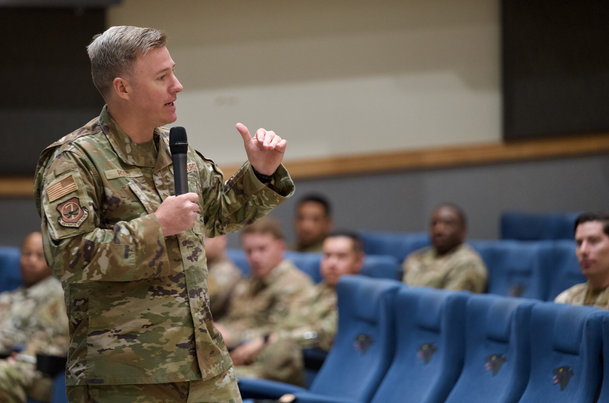 U.S. Air Force Chief Master Sgt. Jeremiah Ross, 7th Air Force command chief, addresses members of the Wolf Pack during a noncommissioned officer all-call at Kunsan Air Base, Republic of Korea, July 10, 2024.